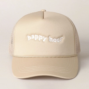 Beige trucker hat with Happy Hour embroidery and rope detail for outdoor sun protection
