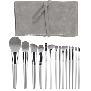 Set professionale di 14 pennelli da trucco con custodia grigia e manici argento opaco