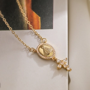 18K gold plated necklace with Virgin Mary medal and zircon cross pendant charm