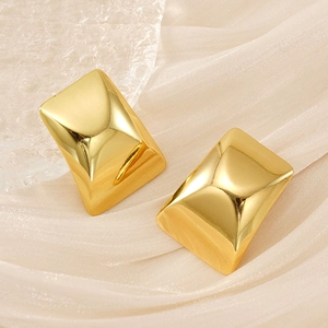 Polished 18k gold-plated stainless steel square stud earrings on silk background