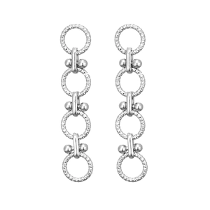 Silver geometric multi-ring chain dangle earrings with textured hammered finish