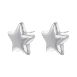 Close-up of polished 3D star stud earrings with mirror finish in high-quality silver metal
