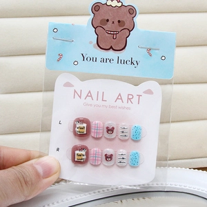 Kawaii Cartoon Bear Pattern Press On Nails For Kids Brown Pink Plaid Short Square Fake Nails With Jelly Glue Art Decoration