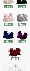Detail view of velvet drawstring jewelry bags in seven colors and three various sizes