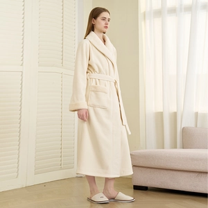 Luxurious cream double-layer thick fleece long bathrobe with warm faux fur trim and belt