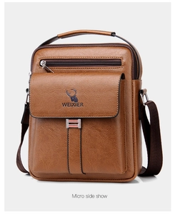 Close-up of brown vintage leather crossbody bag with logo detail and zipper