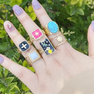 Bague Réglable En Acier Inoxydable Vintage Émail Or Croix Étoile Marguerite Soleil Bijoux Style Boho Pour Femmes