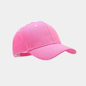 Detail of rose pink cotton baseball cap featuring white double stitching and six-panel crown