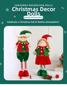 Detail of plush Christmas elf dolls featuring red and green outfits for festive decor