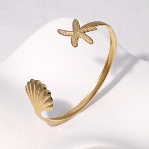 Minimalist 18k gold plated stainless steel starfish and seashell open bangle for women