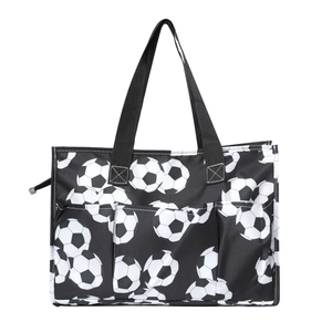 Grande borsa tote in tela con stampe di calcio e tasche esterne portaoggetti
