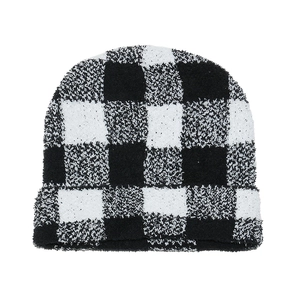 Classic black and white checkerboard knit beanie hat with a soft winter texture