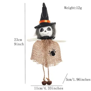 Halloween hanging skeleton doll with witch hat, spider burlap dress and metal bells