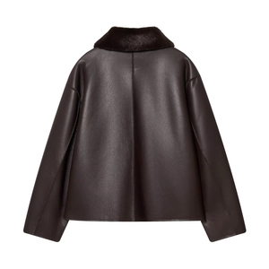 Deep brown faux leather jacket for women with reversible design and faux fur collar
