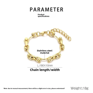 Detailed specs of a 18g gold stainless steel hip-hop bracelet with 190mm length and lobster clasp