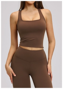 Detailed view of mocha brown racerback sports vest and high-waist yoga set for fitness