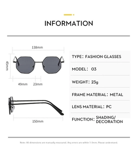Detailed dimension chart for polygonal metal sunglasses showing frame and lens measurements
