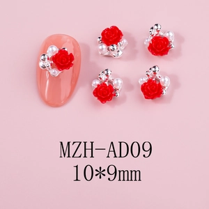 Detail of red rose nail art charms with pearls and silver beads sized 10x9mm