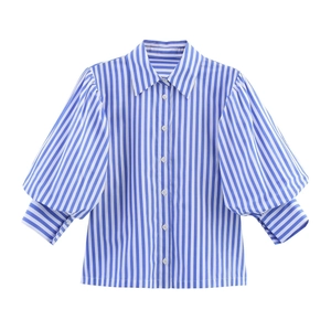 Women's 2025 spring blue and white vertical striped poplin shirt with stylish puff sleeves