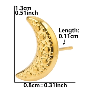 Detailed view of crescent moon stud earring with cratered texture and dimensions