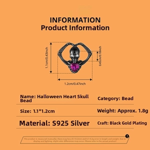 Close-up of Halloween S925 silver skull bead with purple heart gem and dimensions