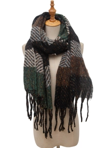 Detail of color-blocked striped scarf featuring woven fringe tassels and geometric pattern