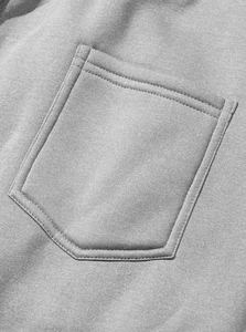 Macro shot of fleece cargo pants pocket with grey knit cotton texture and topstitch detail