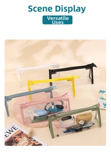 Close-up of colorful PVC transparent stationery bags with round ring zipper and pastel tones