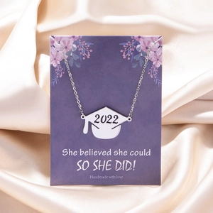 Silver graduation cap necklace with 2022 charm on a floral inspirational card