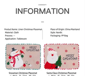 Linen Christmas placemats with Santa and Snowman designs, size 46x33cm for home decor