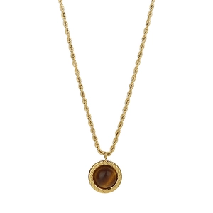 Collana vintage in oro a maglia intrecciata con ciondolo tondo in occhio di tigre