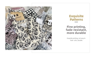Detail showing various canvas tote bags with leopard, floral, and checkered patterns