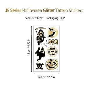 Tatouages temporaires Halloween pailletés dorés avec citrouilles et fantômes de 6,8x12cm