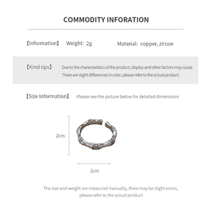 Dimensions détaillées de la bague bambou en argent avec spécifications cuivre et zircon