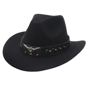 Detail view of black felt cowboy hat with silver bull head carving and golden studs on leather