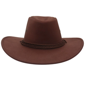 Classic dark brown felt western cowboy hat with wide upturned brim and woven decorative rope