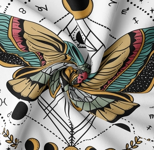 Detail of fabric texture showing moth and astrology prints with a soft spiral fold