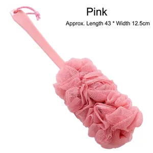 Pink long-handled bath brush with soft mesh loofah sponge and hanging rope, 43cm long