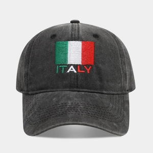 Detail of Italy flag and letter embroidery on charcoal washed cotton baseball cap