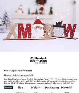 Detail of wooden LED Christmas desktop decor featuring XMAS Santa and SNOW snowman