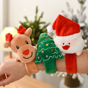 Christmas plush slap bracelets featuring reindeer, Santa, and Christmas tree festive designs
