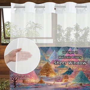 Sheer Christmas forest curtain detail showing grommet top and festive village print