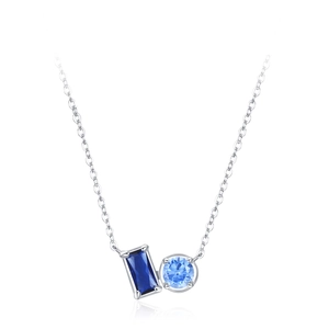 Elegant S925 sterling silver necklace with rectangular and round blue zircon pendants