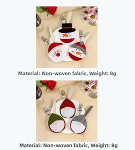 Close-up of non-woven Christmas cutlery holders featuring Santa and snowman patterns