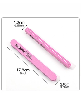 Detail showing pink nail file dimensions 17.8x2.0x1.2cm with 100/180 grit and washable label