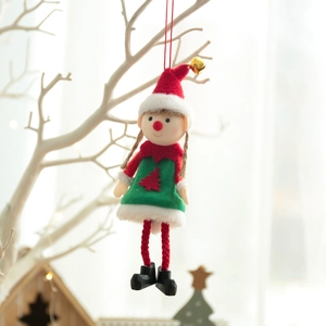 Cute Christmas elf doll hanging ornament with red hat and green dress for tree decoration