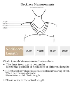 Guía de tallas que muestra longitudes de collar de 35cm a 50cm según la caída en cuello