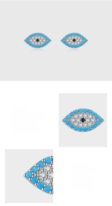 Macro detail of S925 sterling silver evil eye stud earrings with turquoise and white zircons