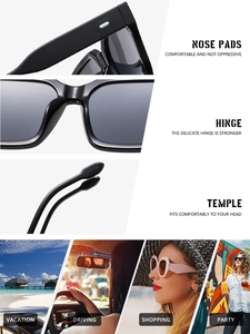 Detail of square sunglasses showing ergonomic nose pads, hinges and multi-scene usage