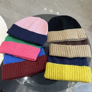 Winter Warm Color Block Knitted Beanie For Women Casual Chic Ribbed Knit Hat Outdoor Windproof Soft Slouchy Hat Autumn Headwear